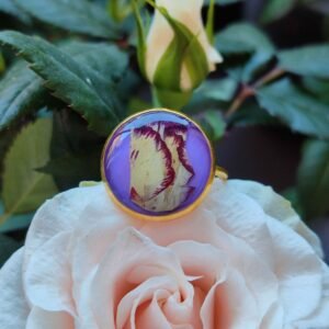 Anillo con base ajustable DORADA con UN CLAVEL BICOLOR encapsulado en resina.