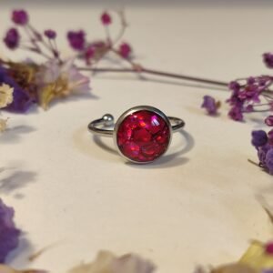 Anillo ajustable de acero inoxidable con PURPURINA HOLOGRÁFICA encapsulada en resina.