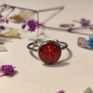 Anillo ajustable de acero inoxidable con PURPURINA HOLOGRÁFICA encapsulada en resina.