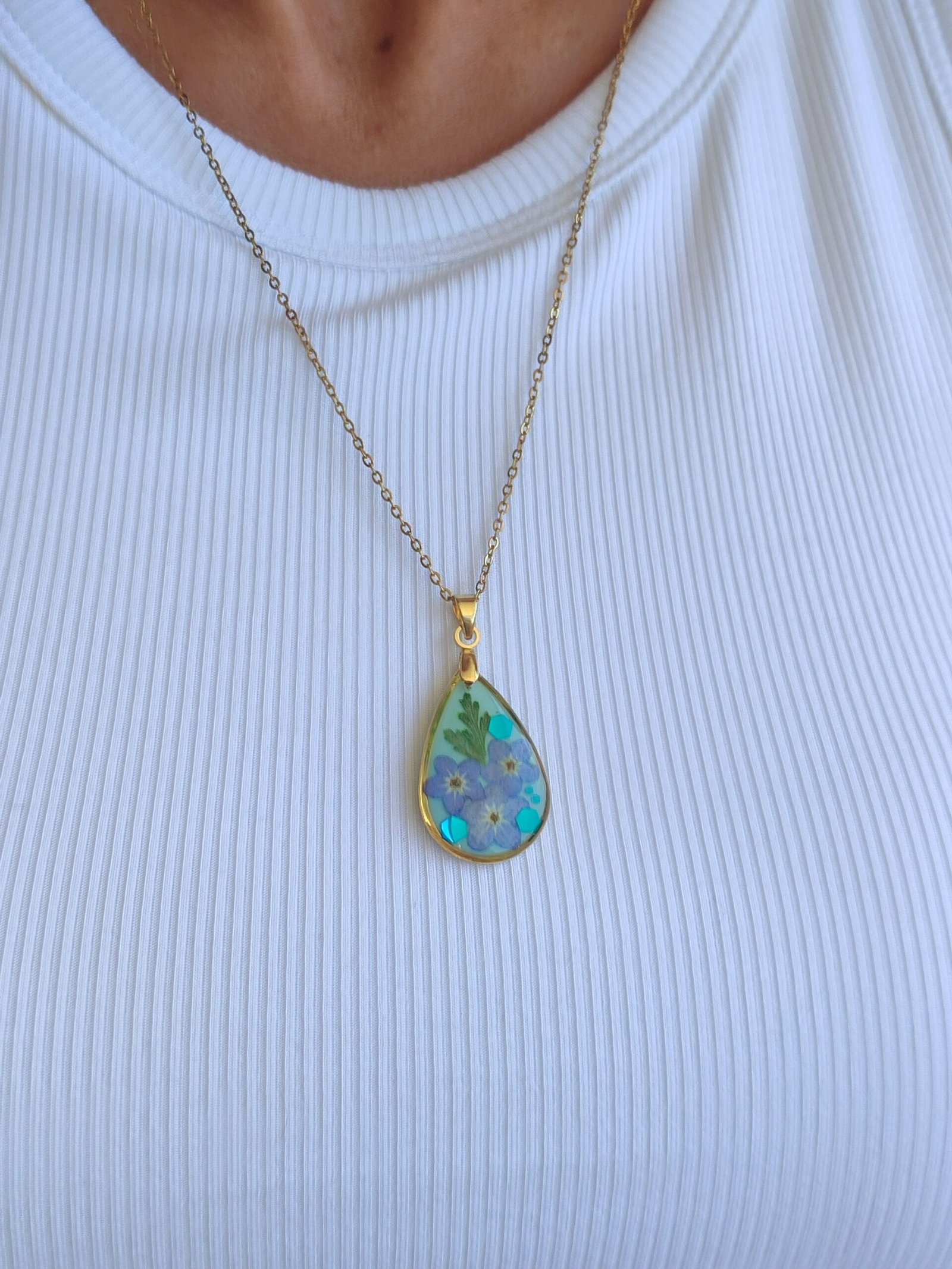 Colgante en forma de GOTA con FLORES NO ME OLVIDES